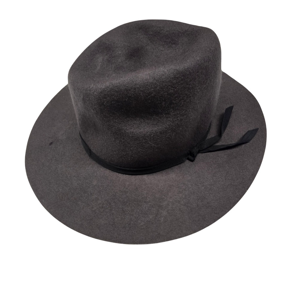 100% Wool Fedora Hat Women L Charcoal Gray Wide‎ Brim Ribbon Trim Boho Classic